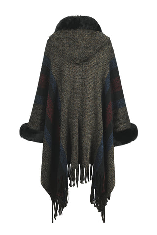 Shop Color Block Fringe Detail Poncho - High-Quality U.S. Made Women’s Fashion with Free Fast Shipping