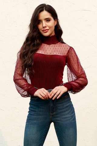 Shop Burgundy Mesh Long Sleeve Velvet Bodysuit - High-Quality U.S. Made Women’s Fashion with Free & Fast Shipping