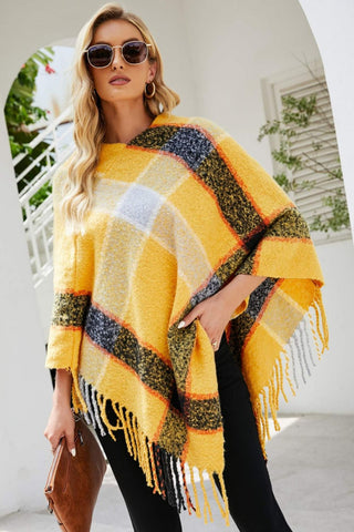 Shop Plaid Fringe Detail Poncho - High-Quality U.S. Made Women’s Fashion with Free Fast Shipping