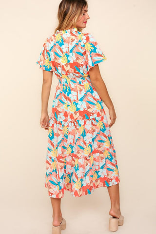 Shop Haptics Full Size Tropical Floral Tiered Dress with Side Pockets - High-Quality U.S. Made Women’s Fashion with Free & Fast Shipping