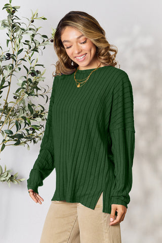 Shop Dark Green Basic Bae Full Size Ribbed Round Neck Slit Knit Top - High-Quality U.S. Made Women’s Fashion with Free & Fast Shipping