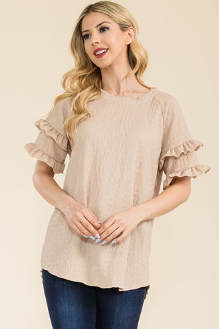 Shop Celeste Full Size Ruffle Short Sleeve Texture Top - High-Quality U.S. Made Women’s Fashion with Free & Fast Shipping