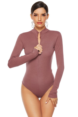 Shop Dusty Pink Full Size Ribbed Half Zip Long Sleeve Bodysuit - High-Quality U.S. Made Women’s Fashion with Free & Fast Shipping