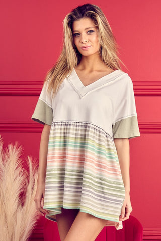 Shop BiBi Striped Exposed Seam V-Neck Short Sleeve Blouse - High-Quality U.S. Made Women’s Fashion with Free & Fast Shipping