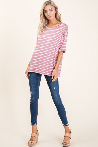 Shop BOMBOM Striped Round Neck Half Sleeve T-Shirt - High-Quality U.S. Made Women’s Fashion with Free & Fast Shipping