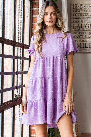 Shop LILAC Heimish Full Size Swiss Dot Short Sleeve Tiered Dress - High-Quality U.S. Made Women’s Fashion with Free & Fast Shipping