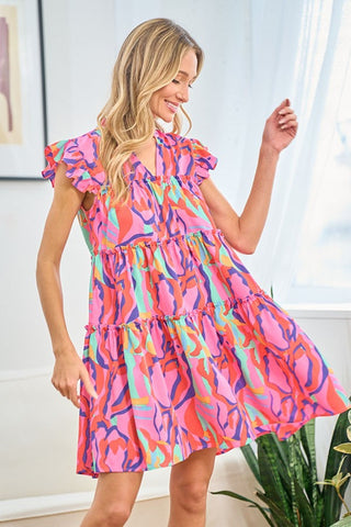 Shop First Love Full Size Printed Ruffle Cap Sleeve Tiered Dress - High-Quality U.S. Made Women’s Fashion with Free & Fast Shipping