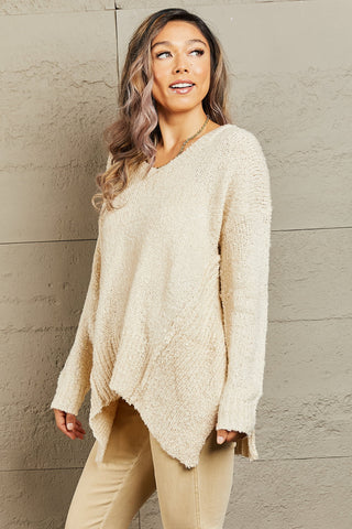 Shop Heimish By The Fire Full Size Draped Detail Knit Sweater - High-Quality U.S. Made Women’s Fashion with Free Fast Shipping