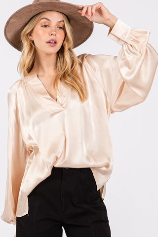 Shop SAGE + FIG Notched Long Sleeve Blouse - High-Quality U.S. Made Women’s Fashion with Free & Fast Shipping