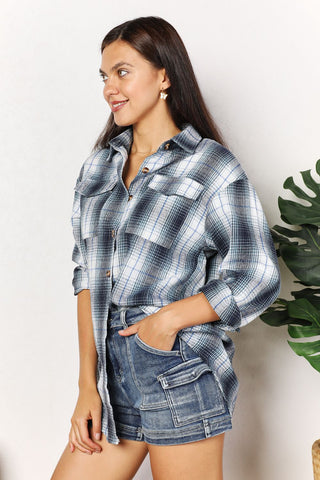 Shop Plaid Dropped Shoulder Shirt - High-Quality U.S. Made Women’s Fashion with Free & Fast Shipping