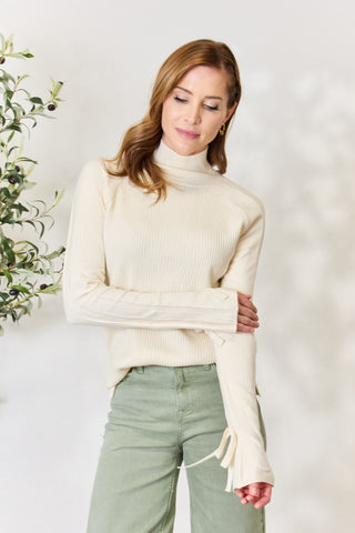 Shop Heimish Full Size Ribbed Bow Detail Long Sleeve Turtleneck Knit Top - High-Quality U.S. Made Women’s Fashion with Free Fast Shipping