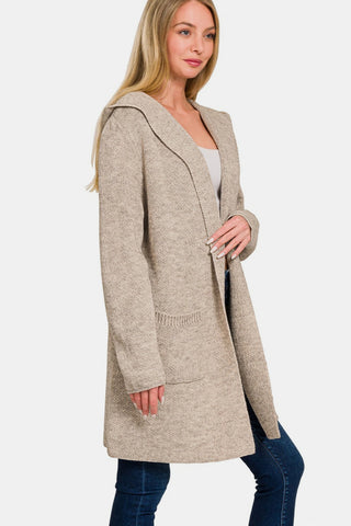 Shop H Mocha Zenana Hooded Open Front Sweater Cardigan - High-Quality U.S. Made Women’s Fashion with Free & Fast Shipping