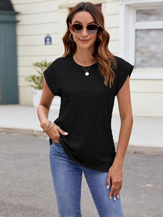 Shop Textured Round Neck Cap Sleeve T-Shirt - High-Quality U.S. Made Women’s Fashion with Free & Fast Shipping