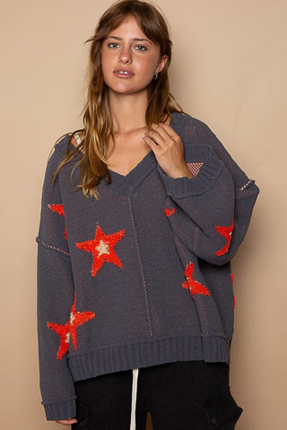 Shop Charcoal POL Long Sleeve Star Patch Sweater - High-Quality U.S. Made Women’s Fashion with Free & Fast Shipping