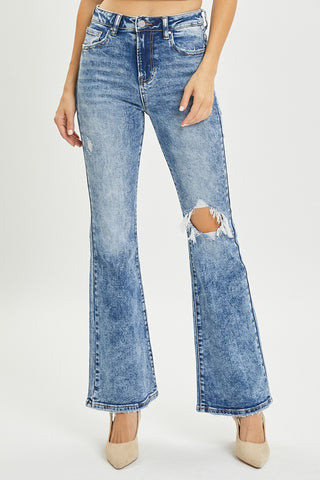 Shop Acid Medium RISEN Full Size High Rise Distressed Flare Jeans - High-Quality U.S. Made Women’s Fashion with Free & Fast Shipping