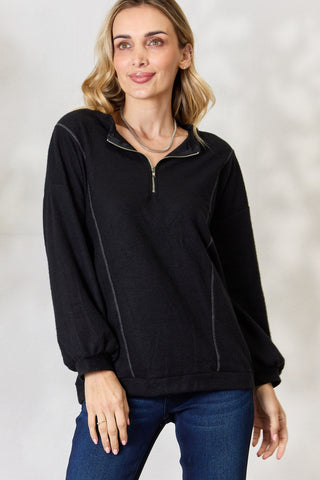 Shop BiBi Half Zip Brushed Terry Long Sleeve Top - High-Quality U.S. Made Women’s Fashion with Free & Fast Shipping