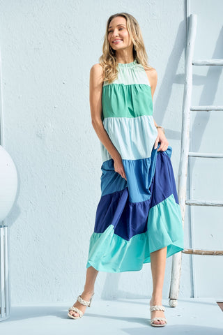 Shop Aqua Hailey & Co Color Block Sleeveless Tiered Maxi Dress - High-Quality U.S. Made Women’s Fashion with Free & Fast Shipping