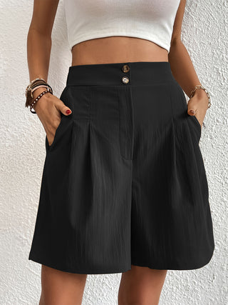 Shop Black Pocketed Half Elastic Waist Shorts - High-Quality U.S. Made Women’s Fashion with Free & Fast Shipping