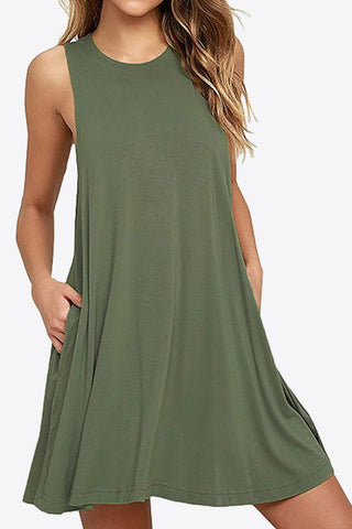 Shop Full Size Round Neck Sleeveless Dress with Pockets - High-Quality U.S. Made Women’s Fashion with Free Fast Shipping