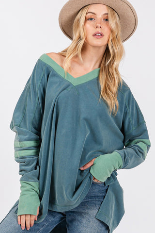 Shop Teal SAGE + FIG Mineral Wash Side Slit Contrast Top - High-Quality U.S. Made Women’s Fashion with Free & Fast Shipping