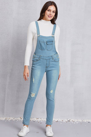 Shop Distressed Washed Denim Overalls with Pockets - High-Quality U.S. Made Women’s Fashion with Free Fast Shipping