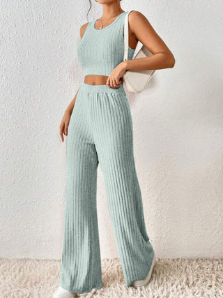 Shop Gray Ribbed Round Neck Tank and Pants Sweater Set - High-Quality U.S. Made Women’s Fashion with Free & Fast Shipping