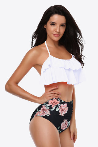 Shop Two-Tone Ruffled Halter Neck Two-Piece Swimsuit - High-Quality U.S. Made Women’s Fashion with Free & Fast Shipping