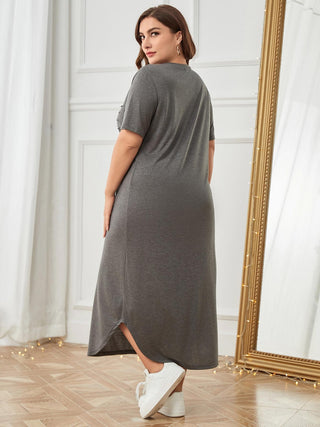 Shop Plus Size Pocketed V-Neck Short Sleeve Lounge Dress - High-Quality U.S. Made Women’s Fashion with Free & Fast Shipping