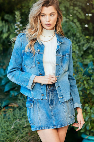 Shop MEDDENIM Veveret Button Up Raw Hem Denim Jacket - High-Quality U.S. Made Women’s Fashion with Free & Fast Shipping