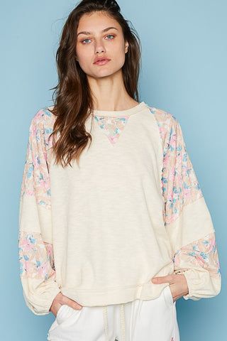 Shop Cream Multi POL Round Neck Balloon Floral Long Sleeve Top - High-Quality U.S. Made Women’s Fashion with Free & Fast Shipping