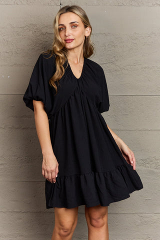 Shop Black Hailey & Co Comfort Cutie Double V-Neck Puff Sleeve Mini Dress - High-Quality U.S. Made Women’s Fashion with Free & Fast Shipping