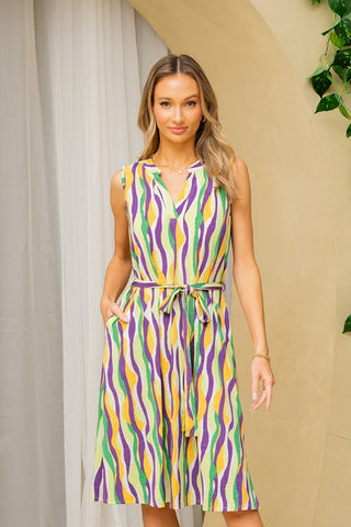 Shop Green Purple Sew In Love Full Size Stripe Tied Sleeveless Dress with Side Pockets - High-Quality U.S. Made Women’s Fashion with Free & Fast Shipping