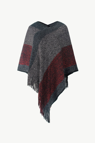 Shop Color Block Fringe Hem Poncho - High-Quality U.S. Made Women’s Fashion with Free Fast Shipping