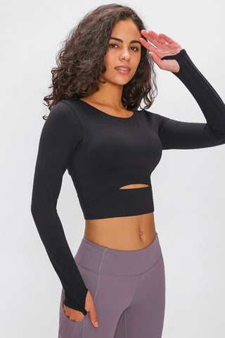 Shop Black Millennia Long Sleeve Cropped Top With Sports Strap - High-Quality U.S. Made Women’s Fashion with Free & Fast Shipping