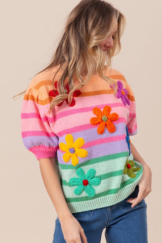 Shop BiBi Flower Patch Puff Sleeve Striped Sweater - High-Quality U.S. Made Women’s Fashion with Free & Fast Shipping