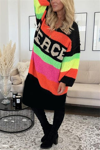 Shop Color Block V-Neck Long Sleeve Sweater Dress - High-Quality U.S. Made Women’s Fashion with Free Fast Shipping