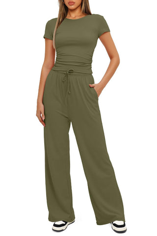 Shop Matcha Green Round Neck Short Sleeve Top and Pants Set - High-Quality U.S. Made Women’s Fashion with Free & Fast Shipping