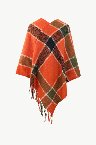 Shop Plaid Fringe Detail Poncho - High-Quality U.S. Made Women’s Fashion with Free & Fast Shipping