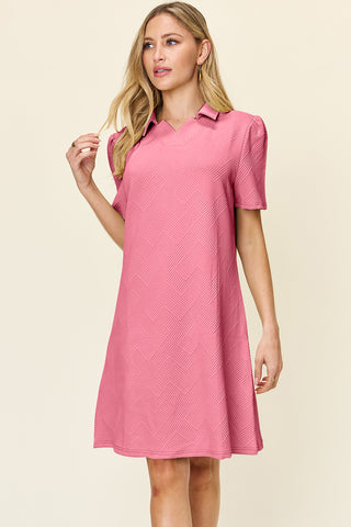 Shop Pink Double Take Full Size Texture Collared Neck Short Sleeve Dress - High-Quality U.S. Made Women’s Fashion with Free & Fast Shipping