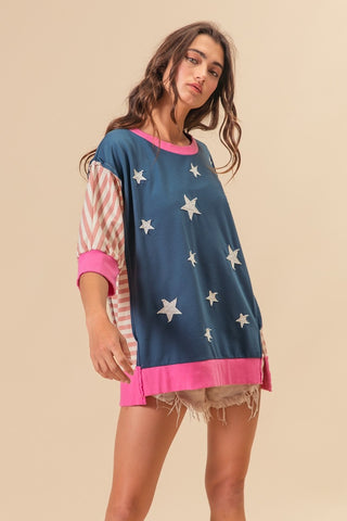 Shop BiBi US Flag Theme Color Block Star Patch T-Shirt - High-Quality U.S. Made Women’s Fashion with Free & Fast Shipping