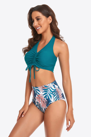 Shop Botanical Print Halter Neck Drawstring Detail Bikini Set - High-Quality U.S. Made Women’s Fashion with Free & Fast Shipping