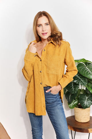 Shop HEYSON Full Size Oversized Corduroy Button-Down Tunic Shirt with Bust Pocket - High-Quality U.S. Made Women’s Fashion with Free & Fast Shipping