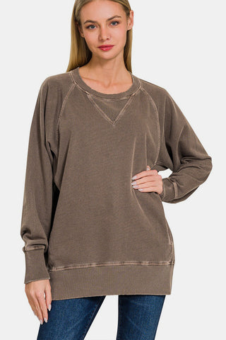 Shop Brown Zenana Round Neck Long Sleeve Sweatshirt - High-Quality U.S. Made Women’s Fashion with Free & Fast Shipping