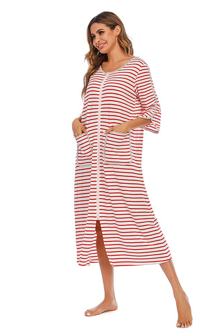 Shop Round Neck Three-Quarter Sleeve Midi Night Dress - High-Quality U.S. Made Women’s Fashion with Free & Fast Shipping