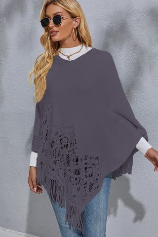 Shop Round Neck Fringe Detail Poncho - High-Quality U.S. Made Women’s Fashion with Free & Fast Shipping