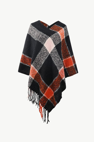 Shop Black One Size Plaid Fringe Detail Poncho - High-Quality U.S. Made Women’s Fashion with Free & Fast Shipping