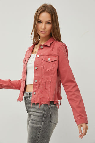 Shop RISEN Raw Hem Button Up Cropped Denim Jacket - High-Quality U.S. Made Women’s Fashion with Free & Fast Shipping