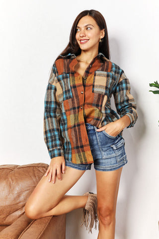 Shop Double Take Plaid Curved Hem Shirt Jacket with Breast Pockets - High-Quality U.S. Made Women’s Fashion with Free & Fast Shipping