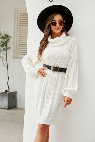 Shop Woven Right Mixed Knit Turtleneck Lantern Sleeve Sweater Dress - High-Quality U.S. Made Women’s Fashion with Free Fast Shipping