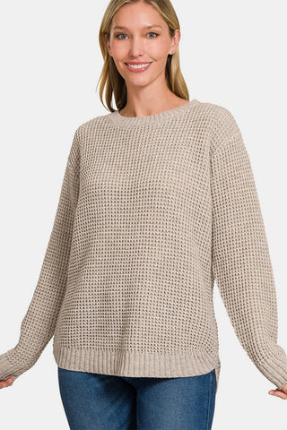 Shop H Mocha Zenana High Low Long Sleeve Waffle Sweater - High-Quality U.S. Made Women’s Fashion with Free & Fast Shipping